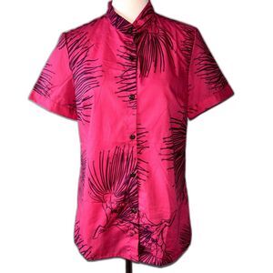 Kaulua'e Ohia Lehua Pink Button Up Blouse Top Hawaii Aloha Size Large